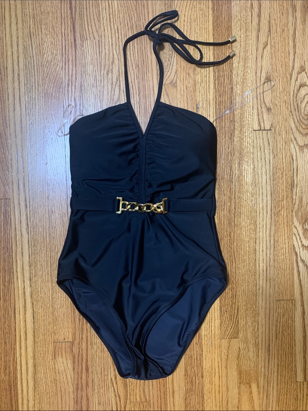 L’AGENCE swimsuit - Leila black halter plunge one piece bathing suit chain waist